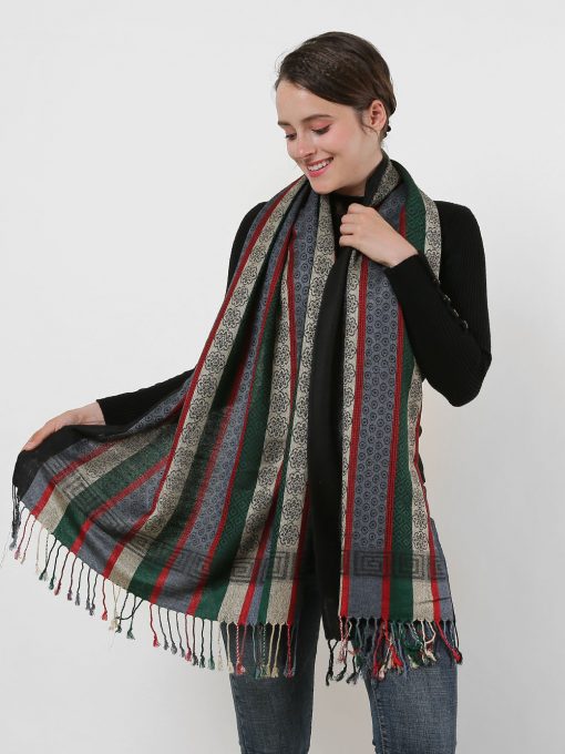 SF1132 Black – Various Pattern Scarf With Colorful Tassels