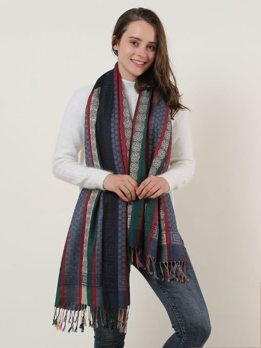 SF1132 Navy – Various Pattern Scarf With Colorful Tassels