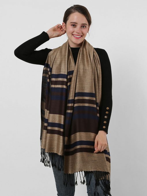 SF1133 Camel – Textured Patchwork Stripe Scarf With Tassels