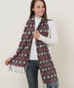 SF1155 Red – Floral Pattern Scarf With Tassels Trims