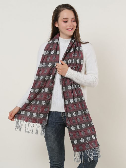 SF1155 Red – Floral Pattern Scarf With Tassels Trims