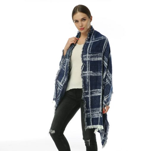 SF969 Navy – Oversize Checked Cape Scarf