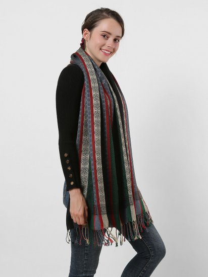 SF1132 Black – Various Pattern Scarf With Colorful Tassels