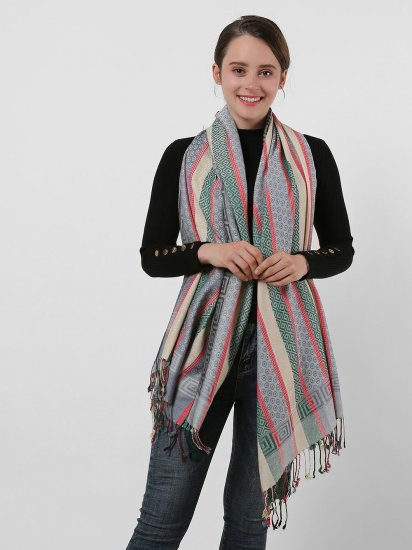 SF1132 White – Various Pattern Scarf With Colorful Tassels