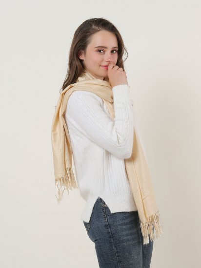 SF503-4 Beige â€“ Textured Pure Color Scarf With Tassels Ends