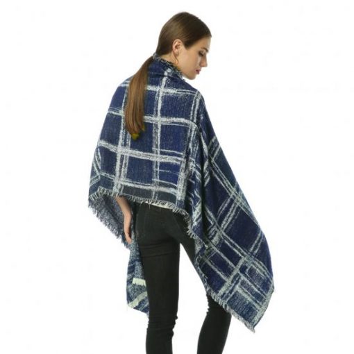 SF969 Navy – Oversize Checked Cape Scarf