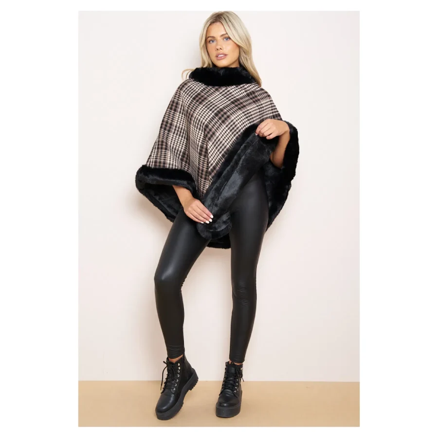 One Size Check Fleece Lined Faux Fur Poncho