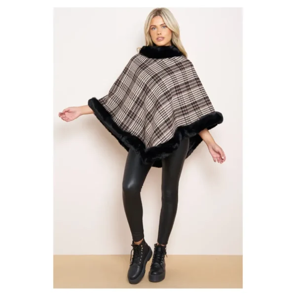 Check Faux Fur Poncho