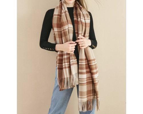 Dark brown winter warm checkered scarf ladies